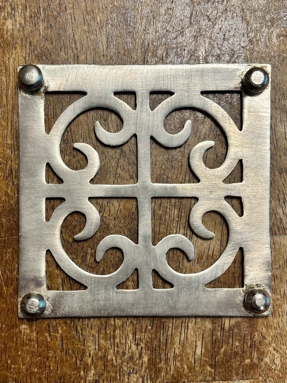 Vintage Silver Tone Metal Trivet Ornate Scrollwork Footed 4.25” Square